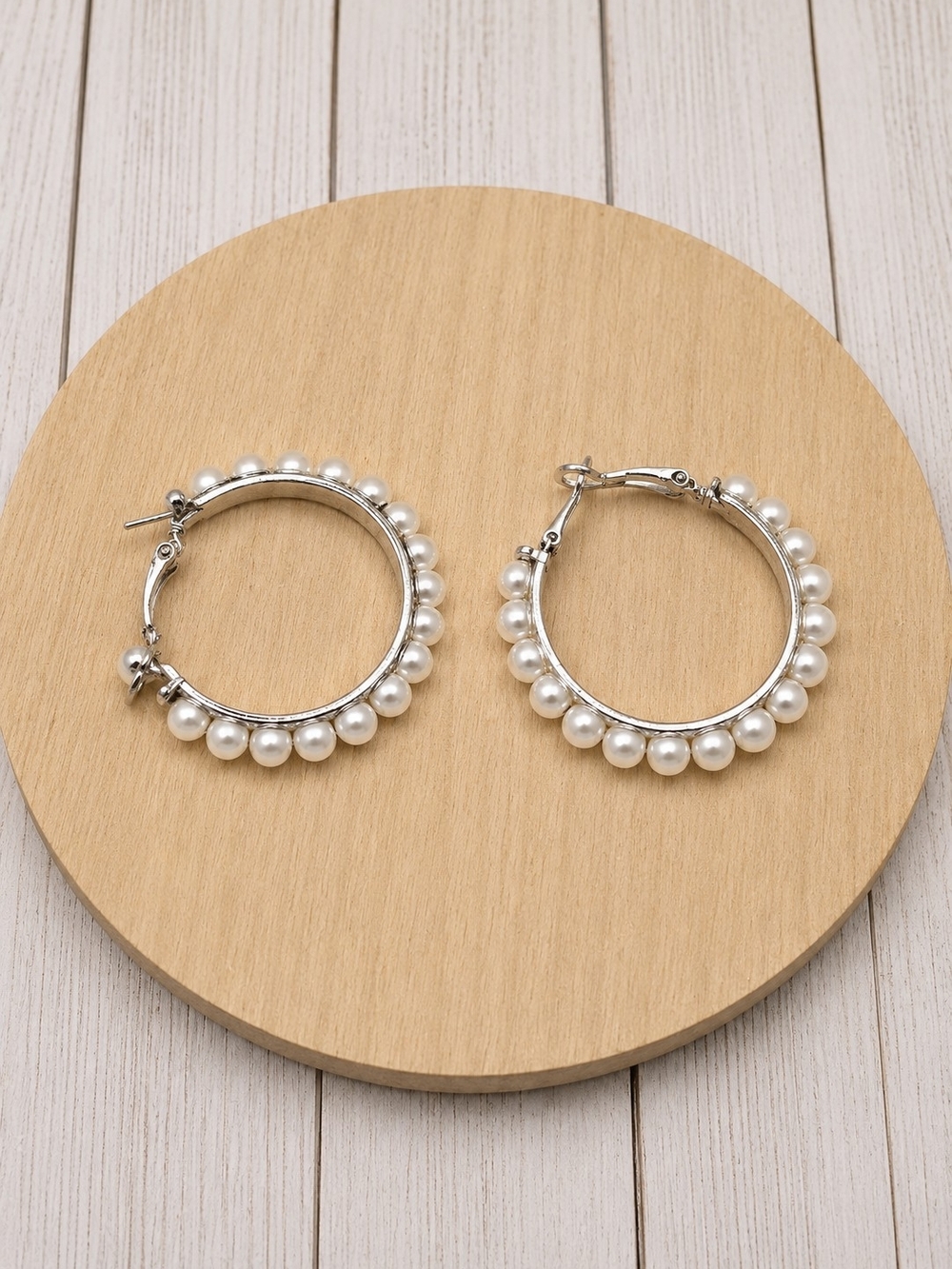 Pearl Bead Silver Hoop Earrings - Women Jewelry